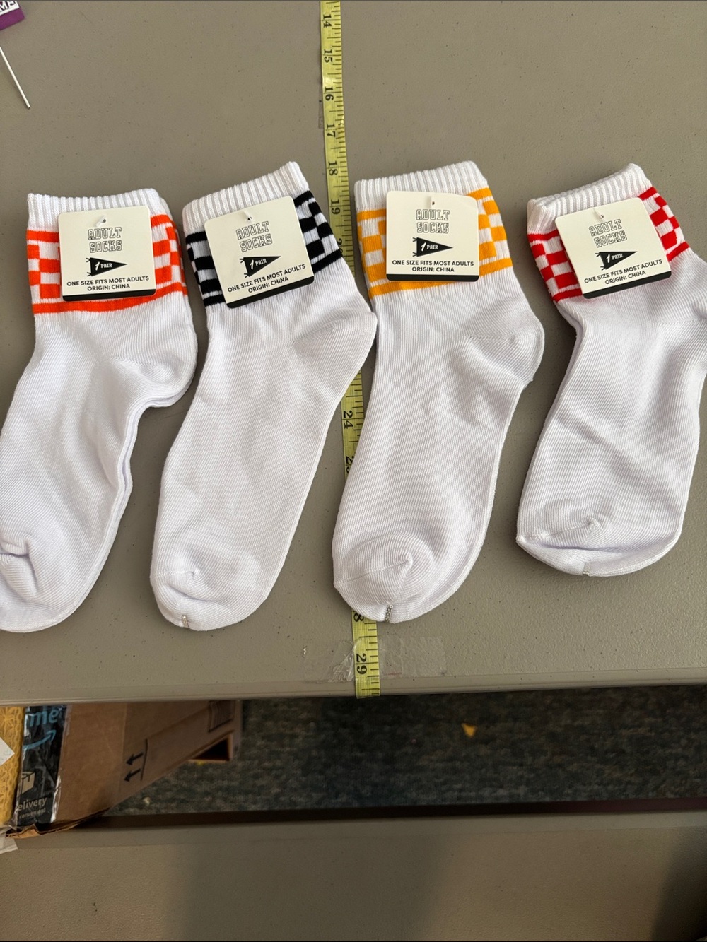 Striped Ankle Socks - White with Orange, Black, Yellow & Red Trim, men or women